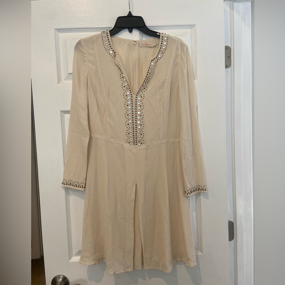 Tory Burch Cream Long Sleeve Silk Dress with Mirror and Stud Embellishments